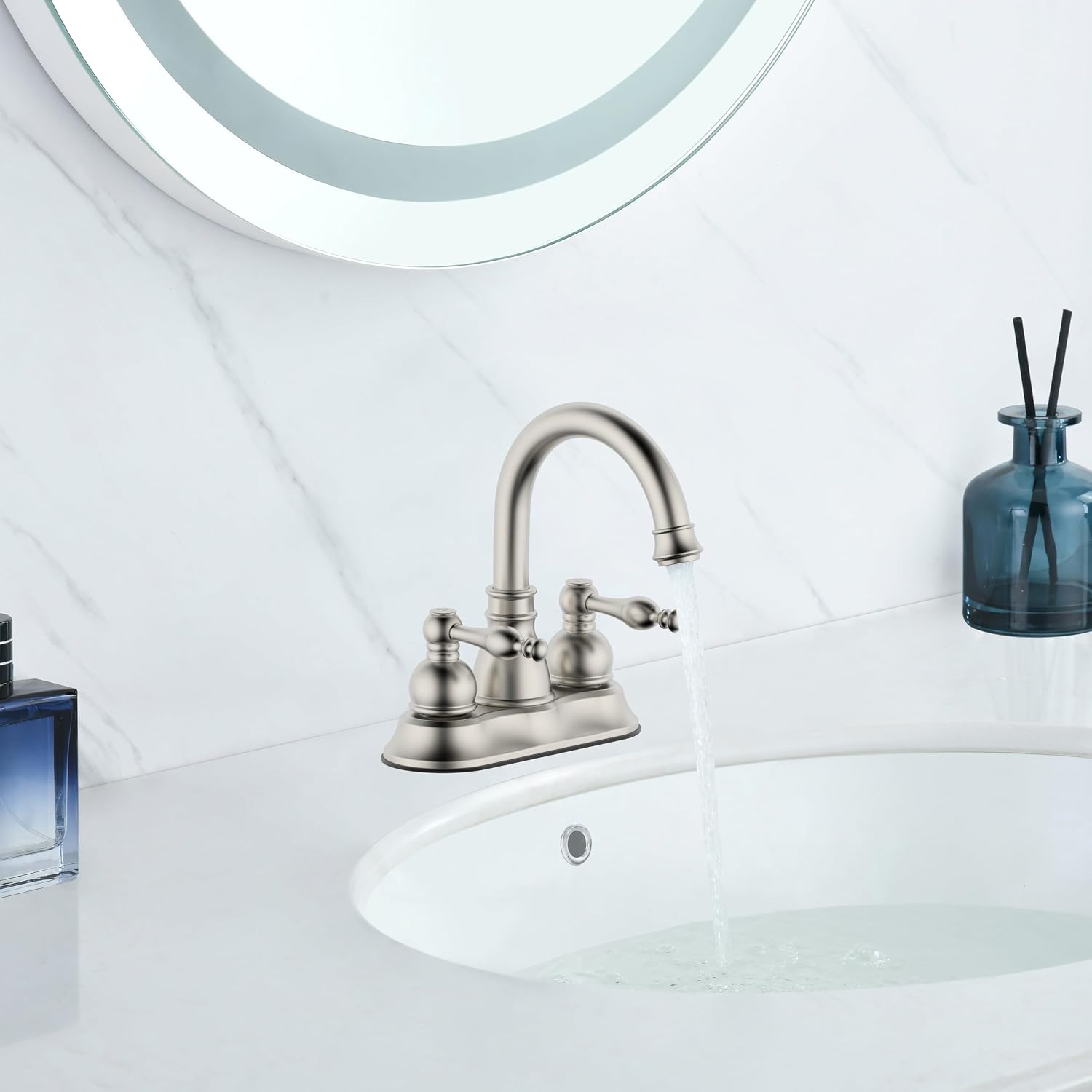 Two-Handle Bathroom Faucet,Lavatory Bathroom Sink Faucet with Overflow Pop up Drain,4 Inch Centerset,Brushed Nickel Finished,F-4501JM-BN