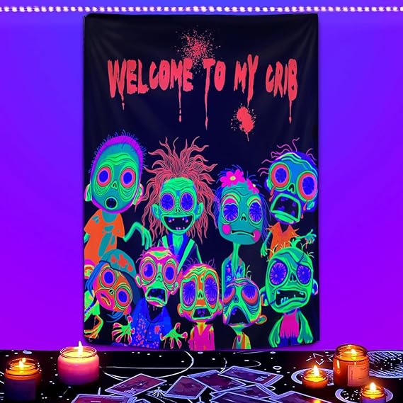 Horror Tapestry Blacklight Tapestry for Bedroom Zombie Crowd Around Tapestries UV Reactive Poster Glow in the Dark Walker Undead Ghoul Tapestries Wall Hanging Halloween Decor Scary Room Decor 80
