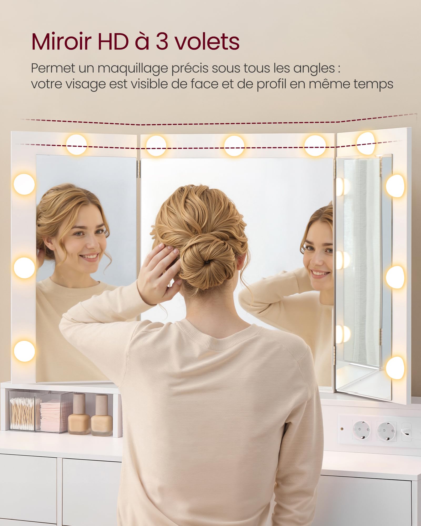 VASAGLE KAILYN Collection - Coiffeuse avec 3 Miroirs Pliables, 11 Ampoules, Multiprise, 9 Tiroirs, Éclairage 3 Couleurs, Table de Maquillage, Installation des Rails sans Outils, Blanc Nuage RDT146WB01