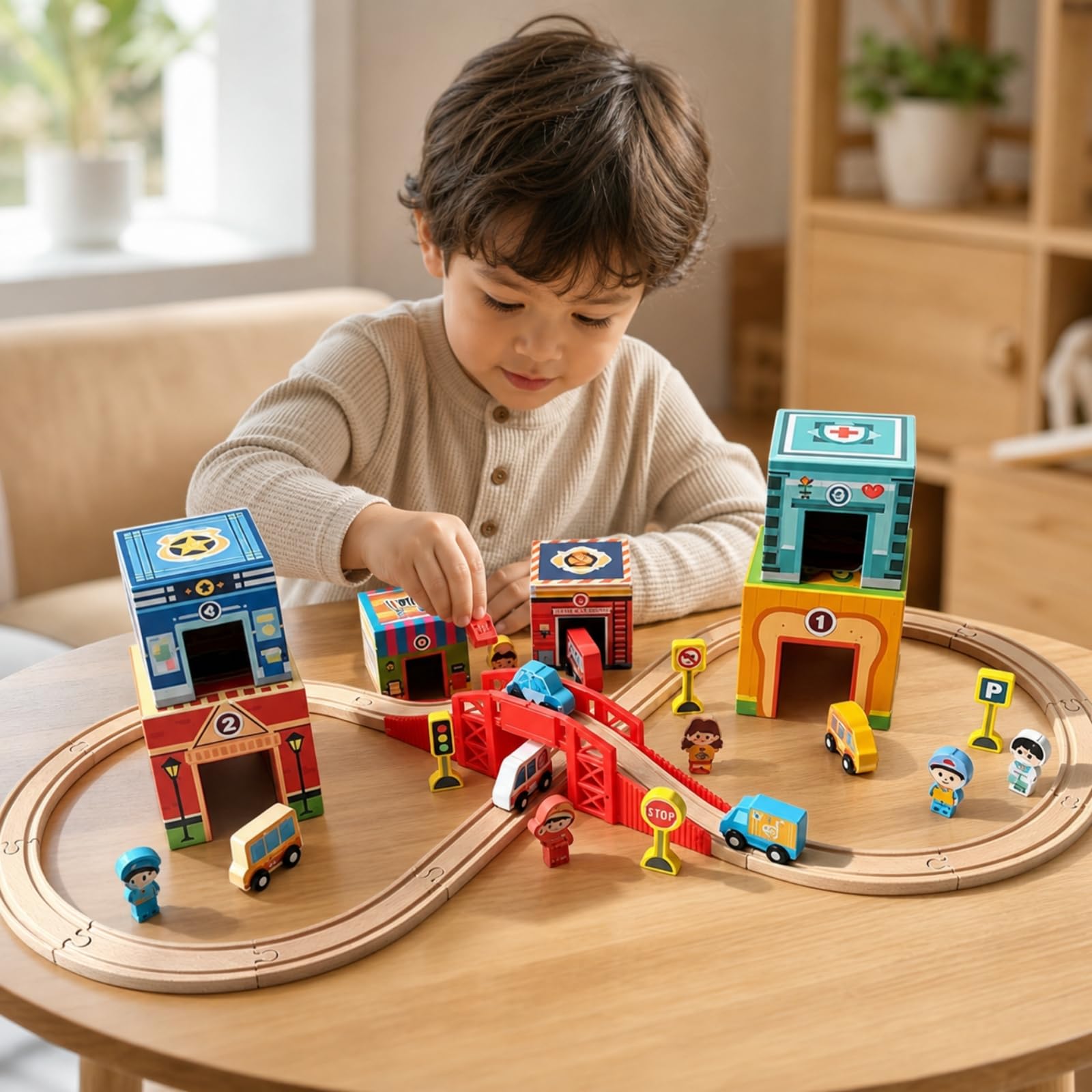 kowaku Set Juego Transporte para Apilar Colorido, Juguete Tráfico Apilable con Edificios Dibujados, sin Electricidad