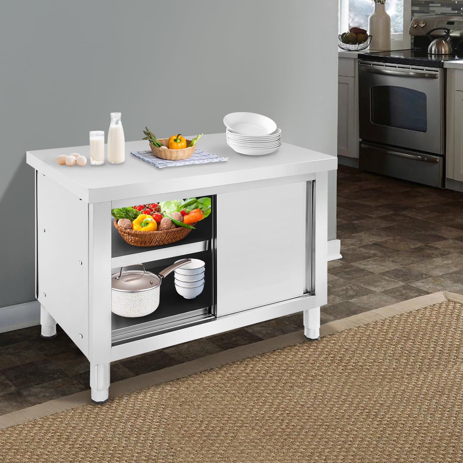 Edelstahl Schrank mit Schiebetüren, Outdoor Küche Edelstahl Tisch Gastro, Freistehender Arbeitsschrank Küchenarbeitstisch für Restaurant, Garage und Küche (100 * 60 * 80cm)