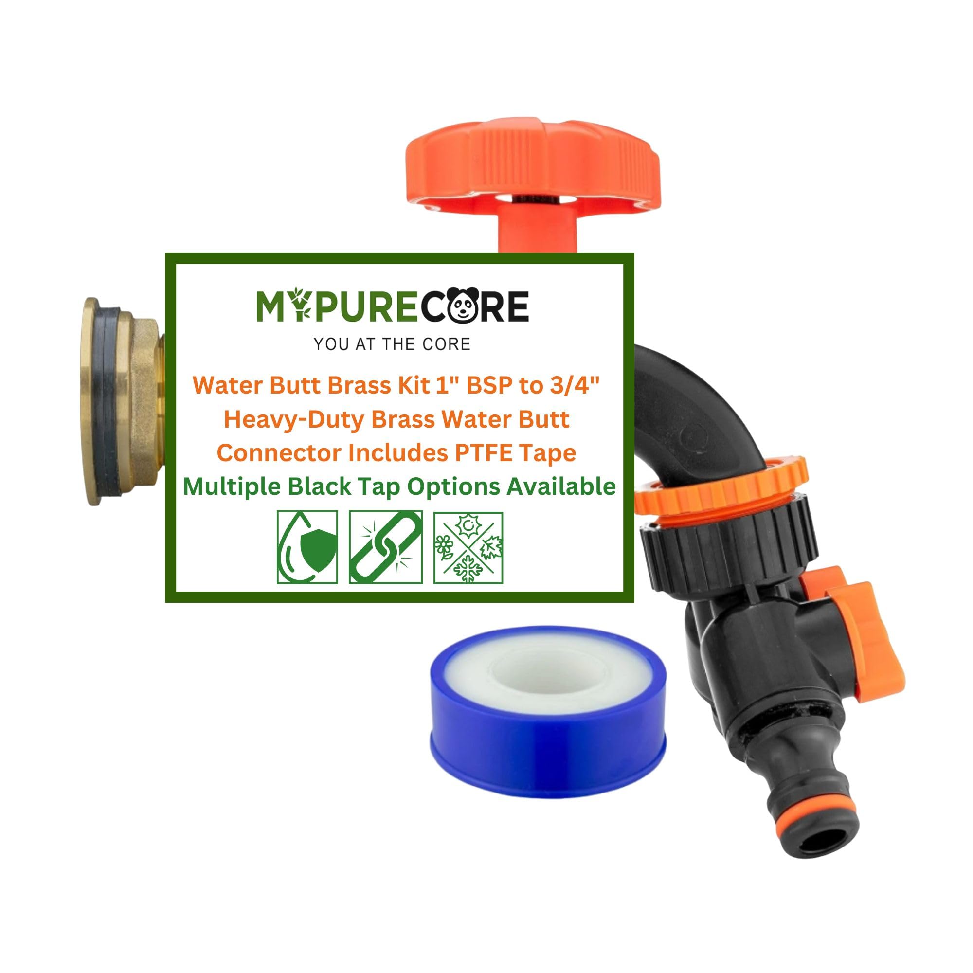 MYPURECORE Water Butt Brass Kit 1" BSP – Heavy-Duty Brass Tank Connector with Black Dial Tap for Rainwater Harvesting, Barrels & Water Tanks (Two-Way Splitter)