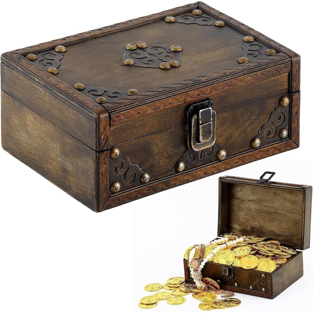 IJSDNVJNDX Rustic Wooden Treasure Chest with Hinged Lid for Coins for Jewelry Storage Trinkets Home Decorative Box for Table