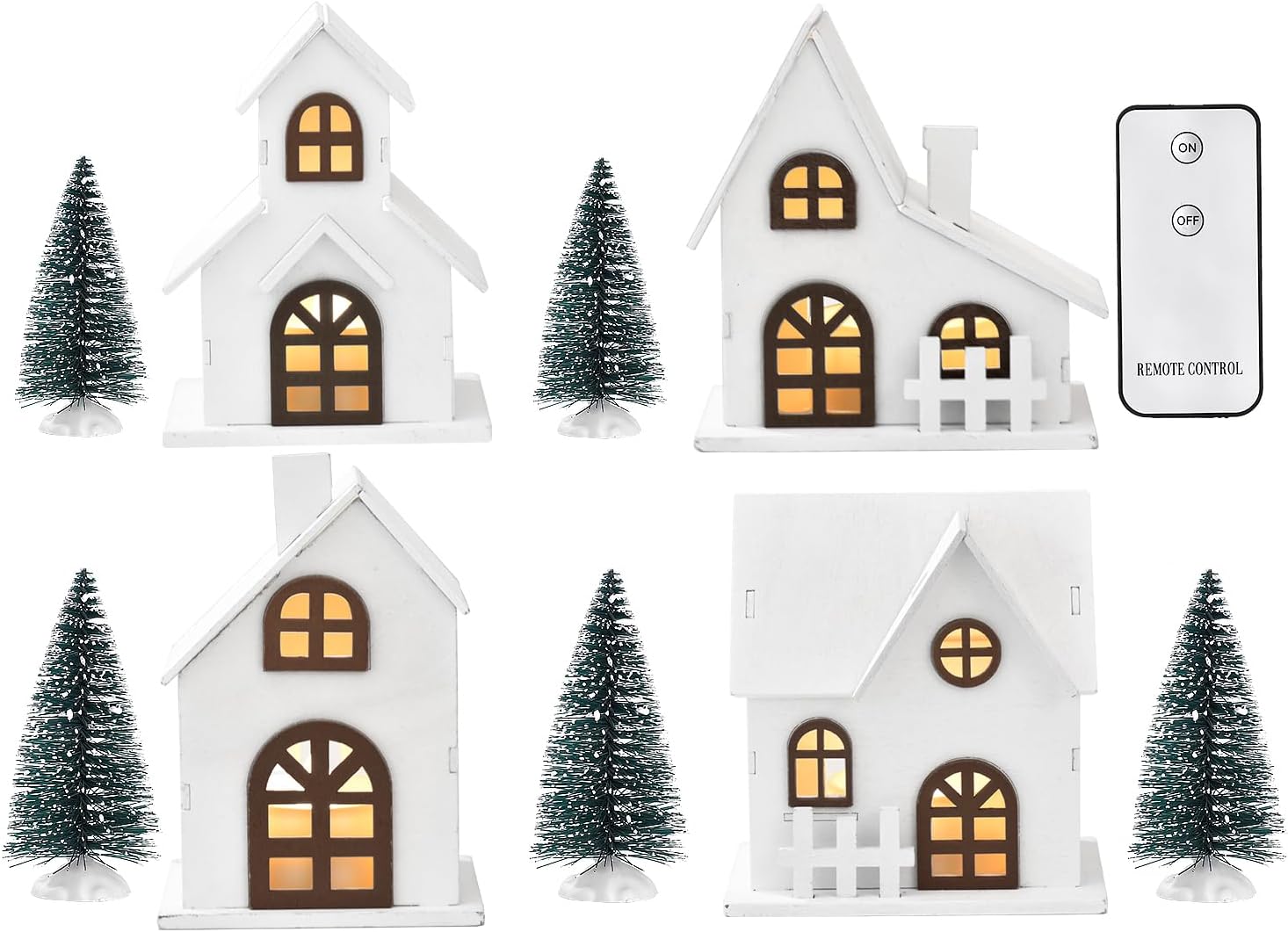 Wood & Plastic Christmas Sculpture Set, 9pcs, Including 4 LED Lighted Houses and 5 Frosted Trees for Tabletop Mantel Décor