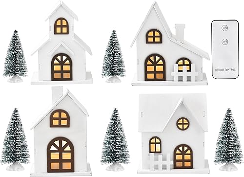 Juego de Esculturas Navideñas de Madera y Plástico, 9 piezas, Incluye 4 Casas con Iluminación LED y 5 Árboles Escarchados para Decoración de Repisa