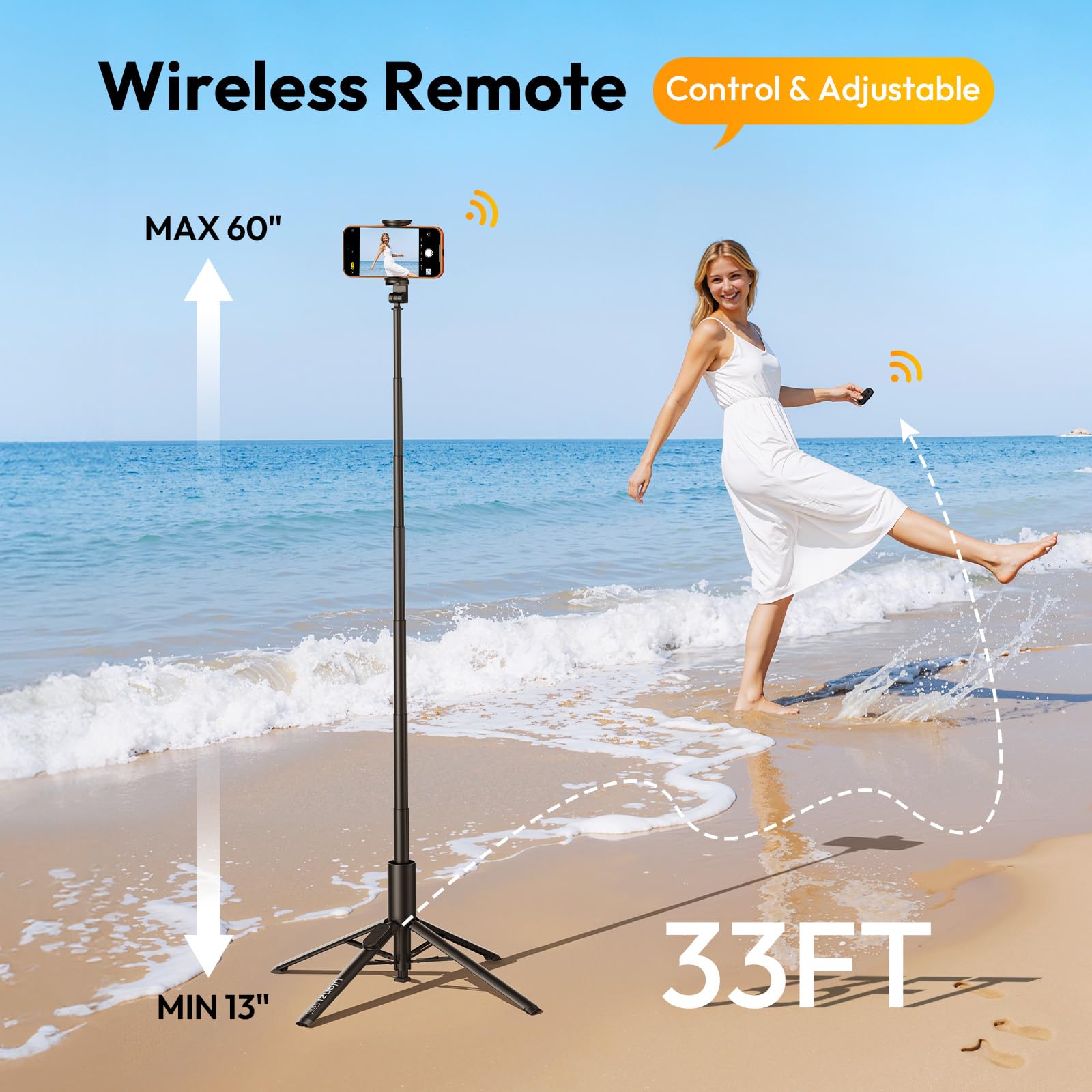 ULANZI MT86 showing minimum and maximum extension with wireless remote