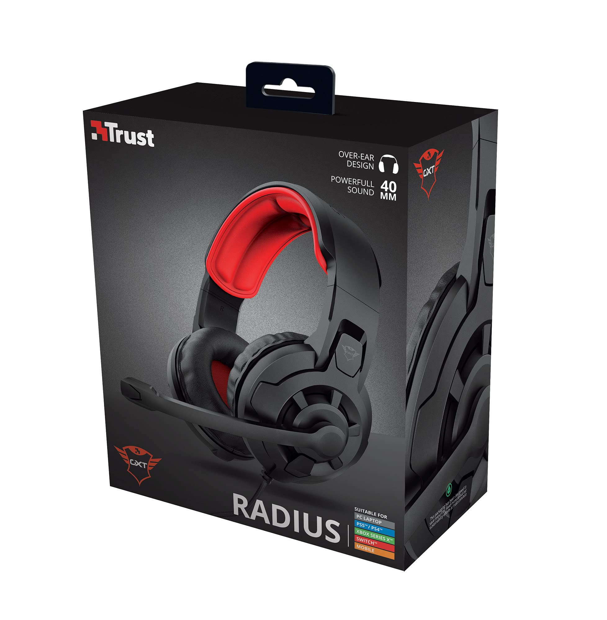 Trust Gaming GXT 411 Radius Wieloplatformowy zestaw słuchawkowy do gier, do PC, PS5, PS4, Xbox, Nintendo Switch, mobilne, nauszne, gniazdo audio 3,5 mm, regulacja głośności, regulowany mikrofon -