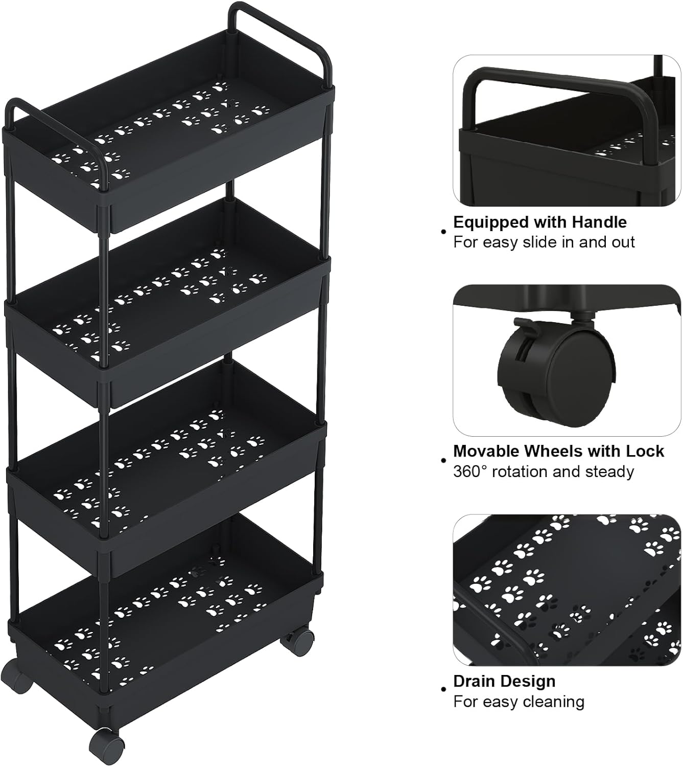 Buzowruil Rolling Storage Cart 4 Tier Organizer Mobile Shelving Unit Storage Rolling Utility Cart with Wheels for Kitchen Bathroom Laundry,Black