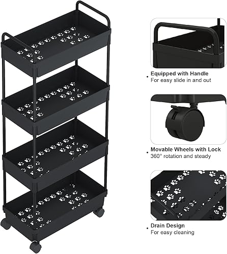Miniatura 8 de Buzowruil Carrito de almacenamiento rodante de 4 niveles, organizador de estantería móvil, carrito utilitario con ruedas para cocina, baño,