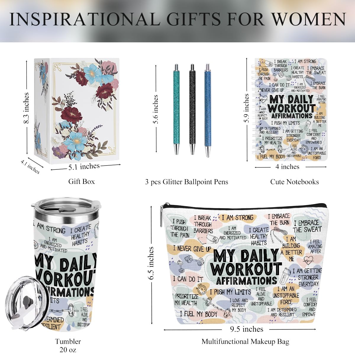 Daily Affirmations for Women Workout Encouragement Mental Health Inspirational Gifts for Women Coworker Boss Birthday Friendship Christmas, Office 6PCS 20oz Tumbler Makeup Bag Ballpoint Pen Notebook