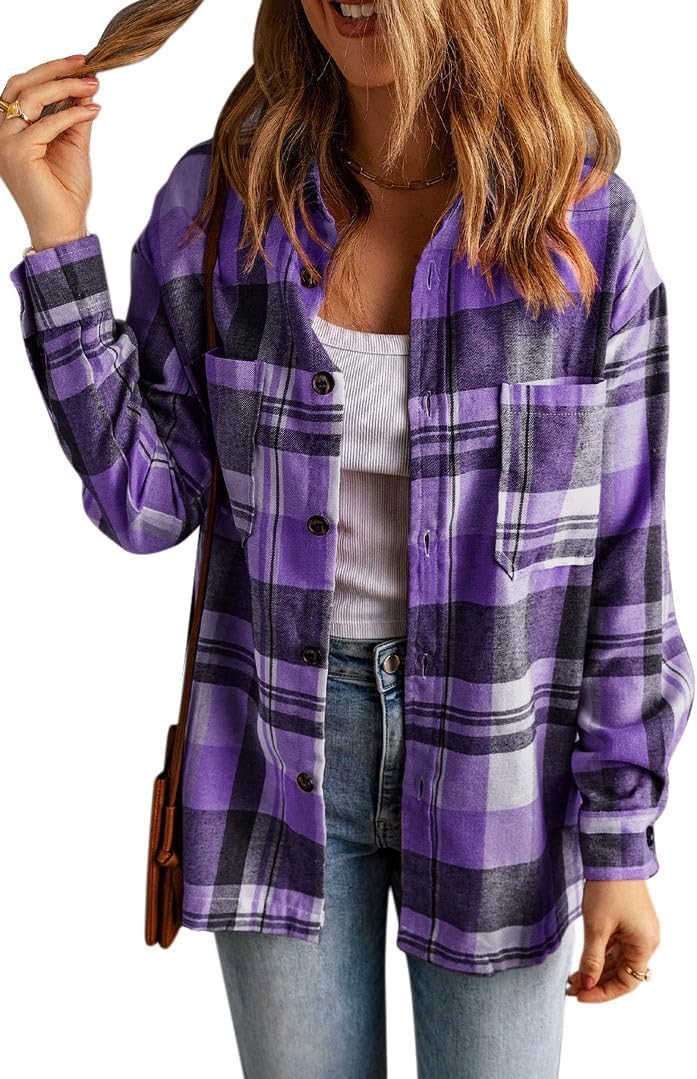 Womens Casual Flannel Plaid Shirts Oversized Lightweight Fall Shirt Coat Long Sleeve Button Down Shirts Blouse Tops - Image 3