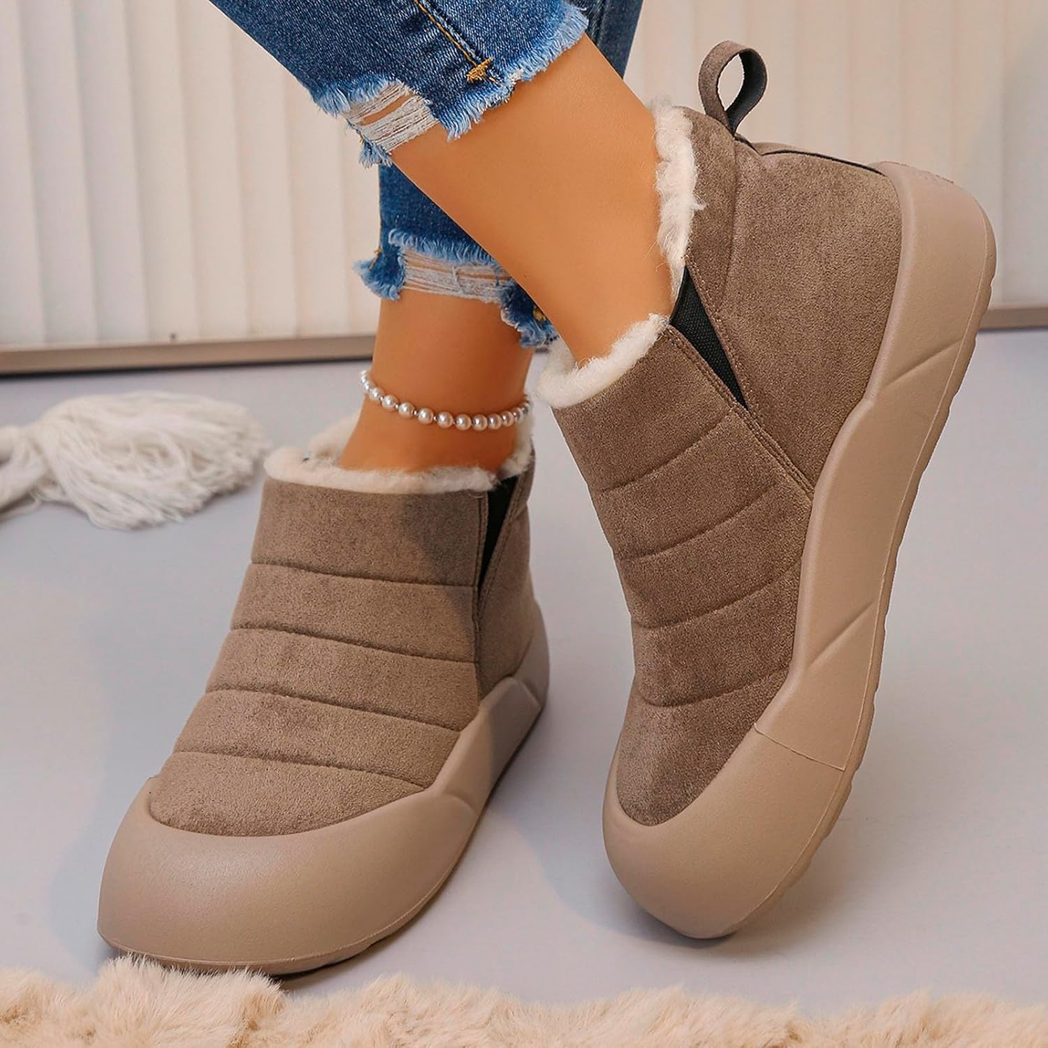 Slip on Snow Boots for Women:Fashion Solid Color Fleece Fur Lined Winter Booties Zip up Outdoor Footwear Hiking Golf