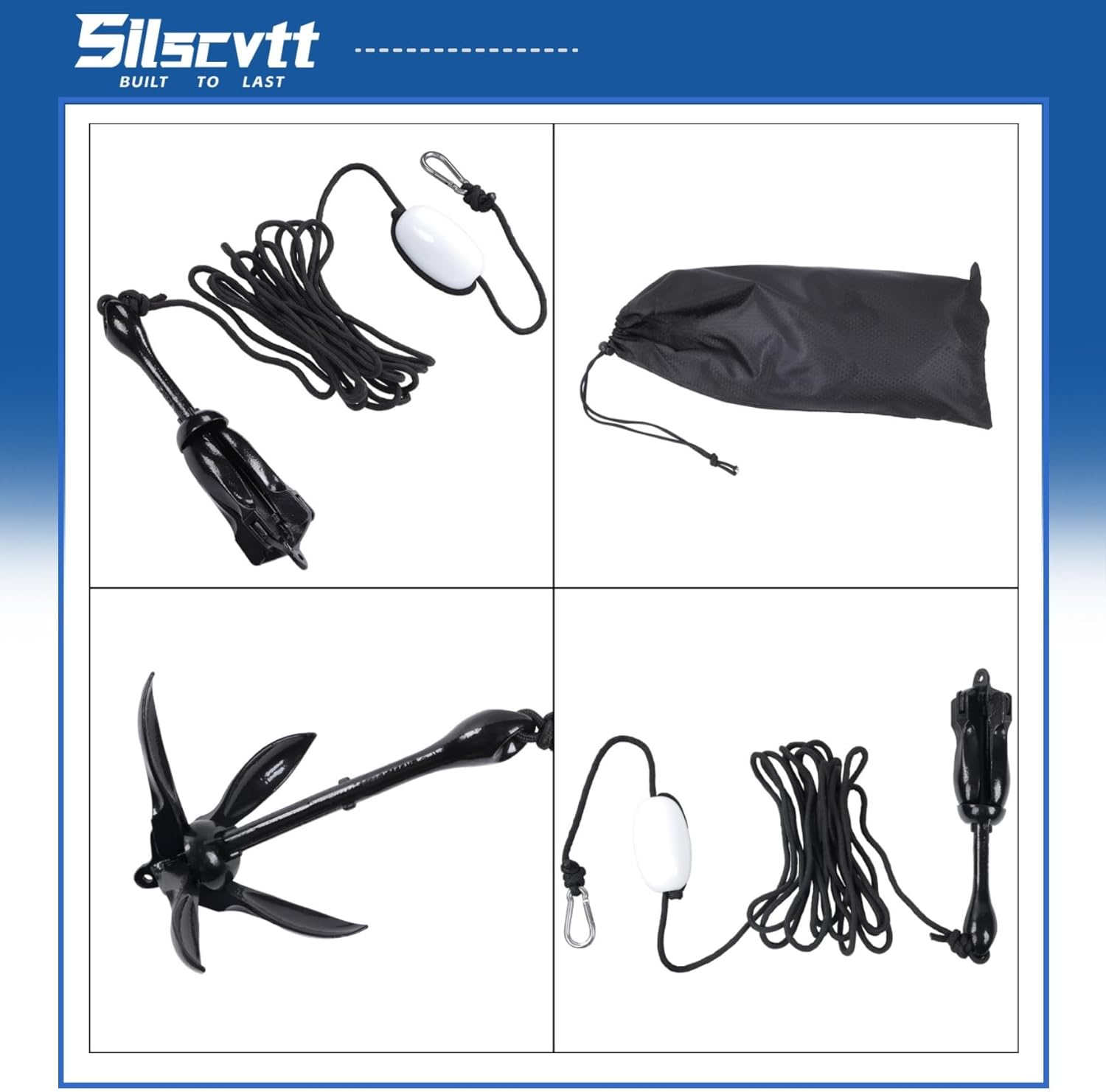 Silscvtt 2-Pack Black 2.5kg Folding Grapnel Anchor Boat Anchor with Foldable Claw Kayak Fishing Accessories