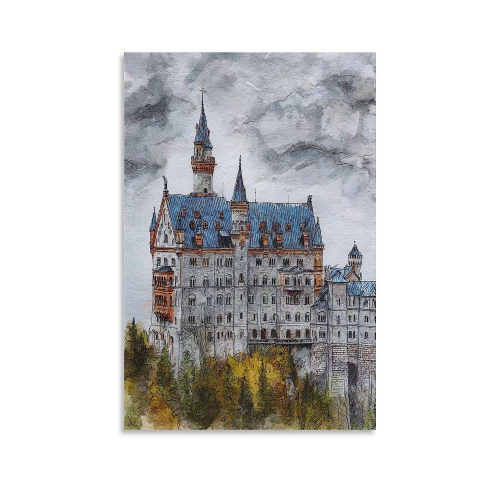 CNAHEIZ Schwangau Neuschwanstein 24x36inch(60x90cm) Vintage Travel Poster Watercolor Canvas Art