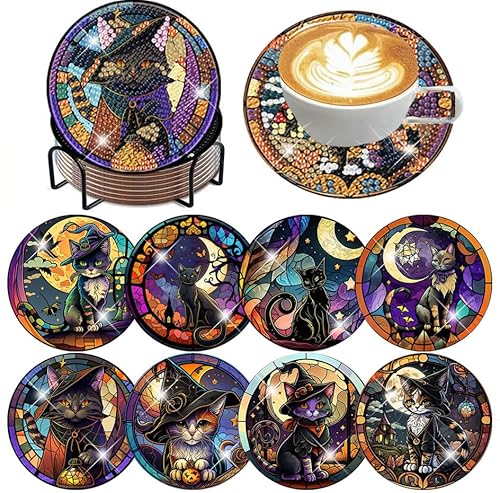 ijbnhd 8 PCS Cat Diamond Art Coasters Kit, Black Cat Diamond Painting Coasters with Holder for Adults 4X4inch (Cork Wooden Pad) ijbnhd 8 PCS Cat Diamond Art Coasters Kit, Black Cat Diamond Painting Coasters with Holder for Adults 4X4inch (Cork Wooden Pad)