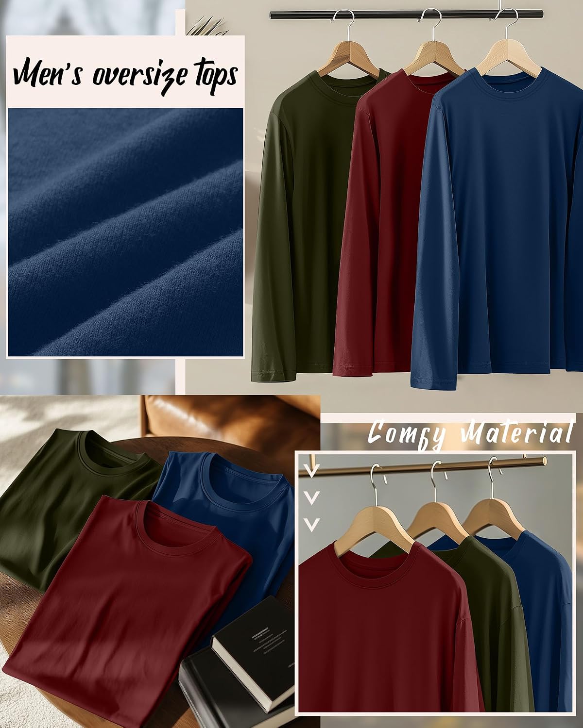 Ficerd 3 Pack Men's Big and Tall Shirts Long Sleeve Cotton Tee Crew Neck Oversize Tops Casual Loose Fit Knitted T Shirts