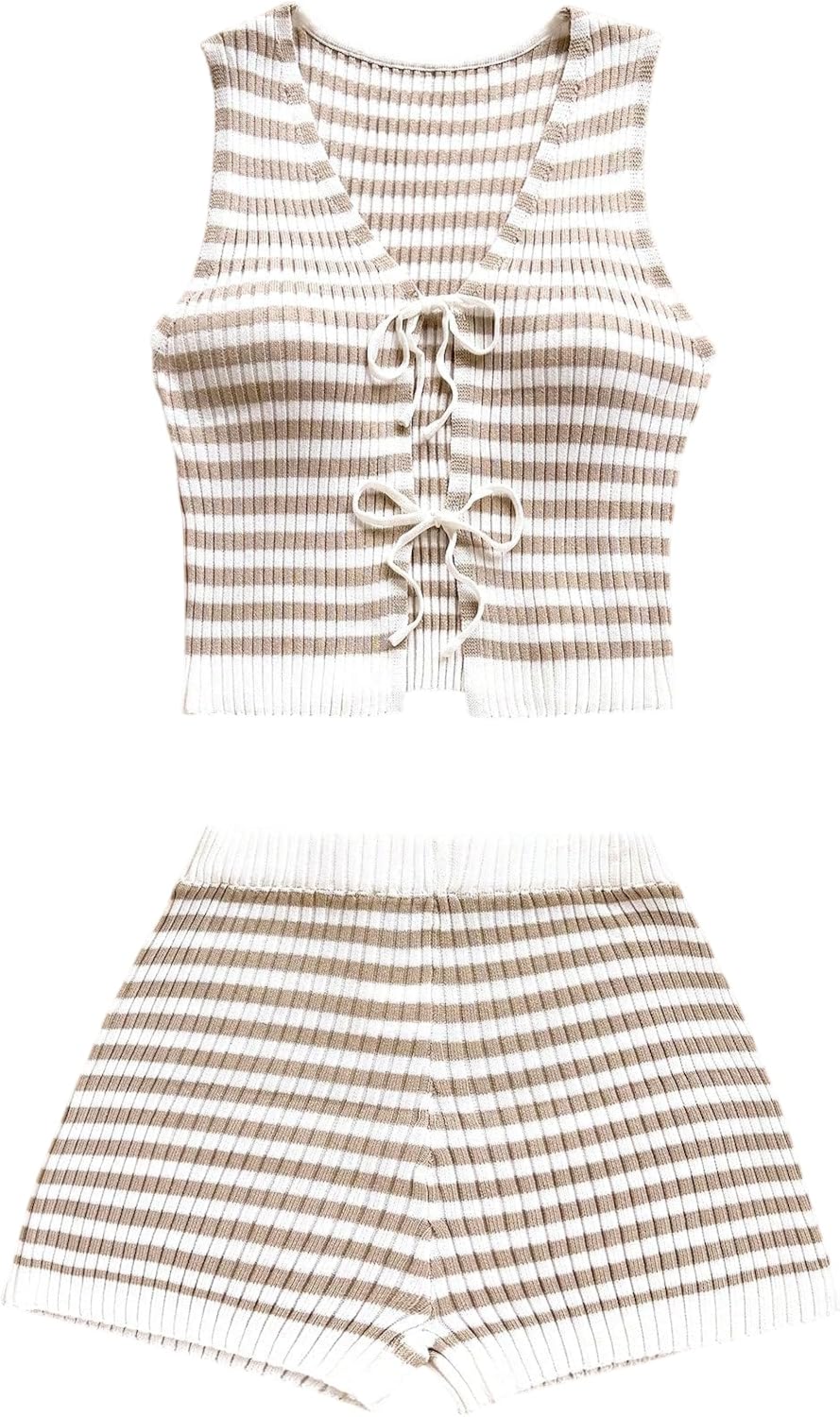 SOLY HUX Women's Striped Two Piece Short Set Tie Front Tank Top and Shorts Knit Summer Clothes Vacation Outfits