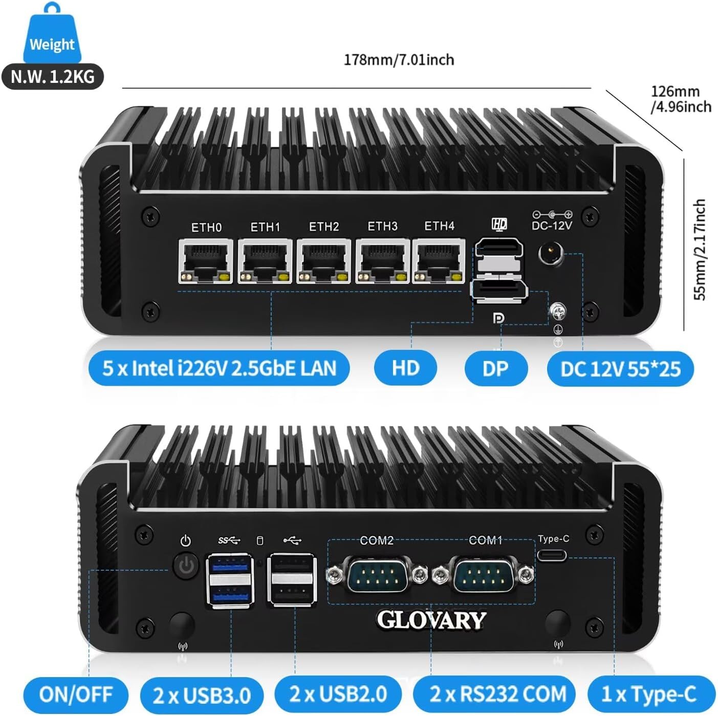Firewall Mini PC J6413 4 Core, 5 x i226V 2.5GbE LAN Fanless OPNsense Micro Appliance, DDR4 8GB RAM 128GB NVMe SSD, AES-NI, Router Industrial Computer Hardware, 2RS232 COM, 2SATA3.0, 3 Display