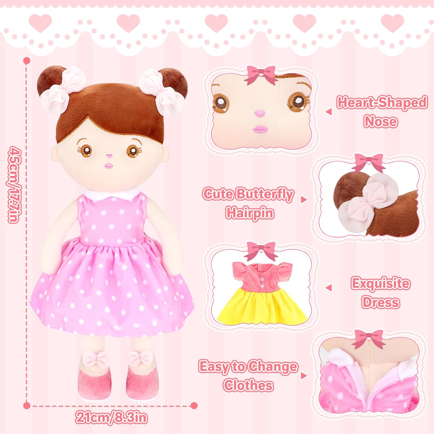 deAO Soft Baby Doll 17 Inch Baby Doll Set with 2 Dresses,Mirror and Comb, My First Baby Dolls Christmas Birthday Plush Toys Gift for Toddler Girls