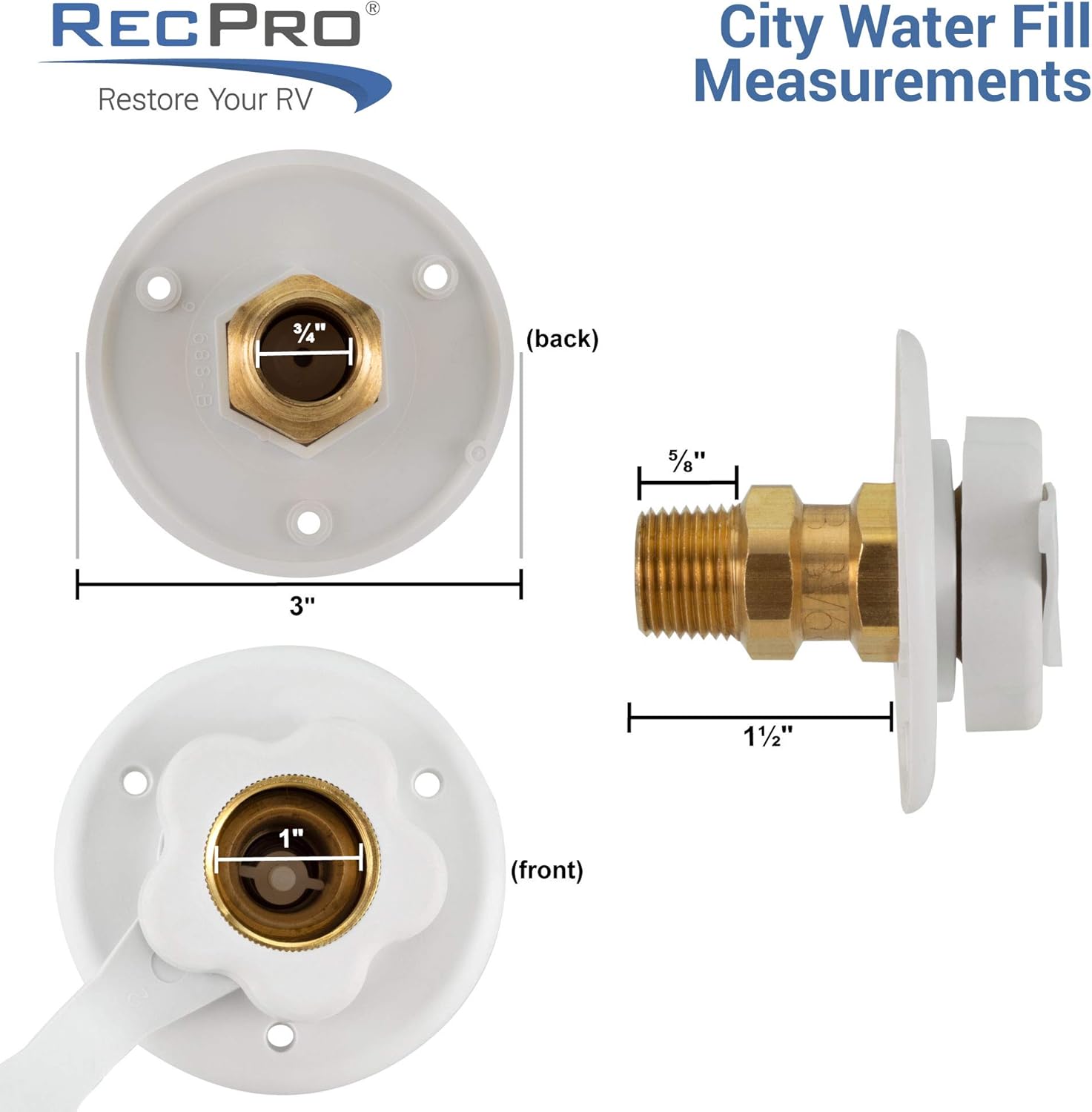 RecPro RV Camper Motorhome Trailer Marine White City Water Fill Inlet Flange Brass with Check Valve (with Hose Elbow)