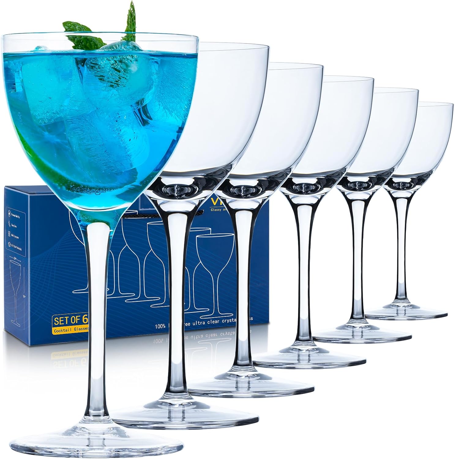 Martini Glasses Set of 6, Nick and Nora Glasses - 6oz Hand Blown Lead-Free Crystal Cocktail Glasses for Martini, Manhattan, Negroni, Aperitifs - Elegant Bar Glassware in Gift Box
