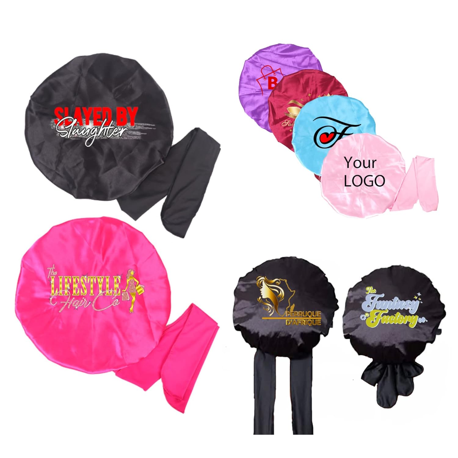 Custom Logo Satin Bonnet Hair Care Bonnet for Sleeping,10-20 PCS Silk Bonnet Hair Wrap Cap with Ribbon Tie Band for Women Curly Hair Braids (Pack of 20, Purple)