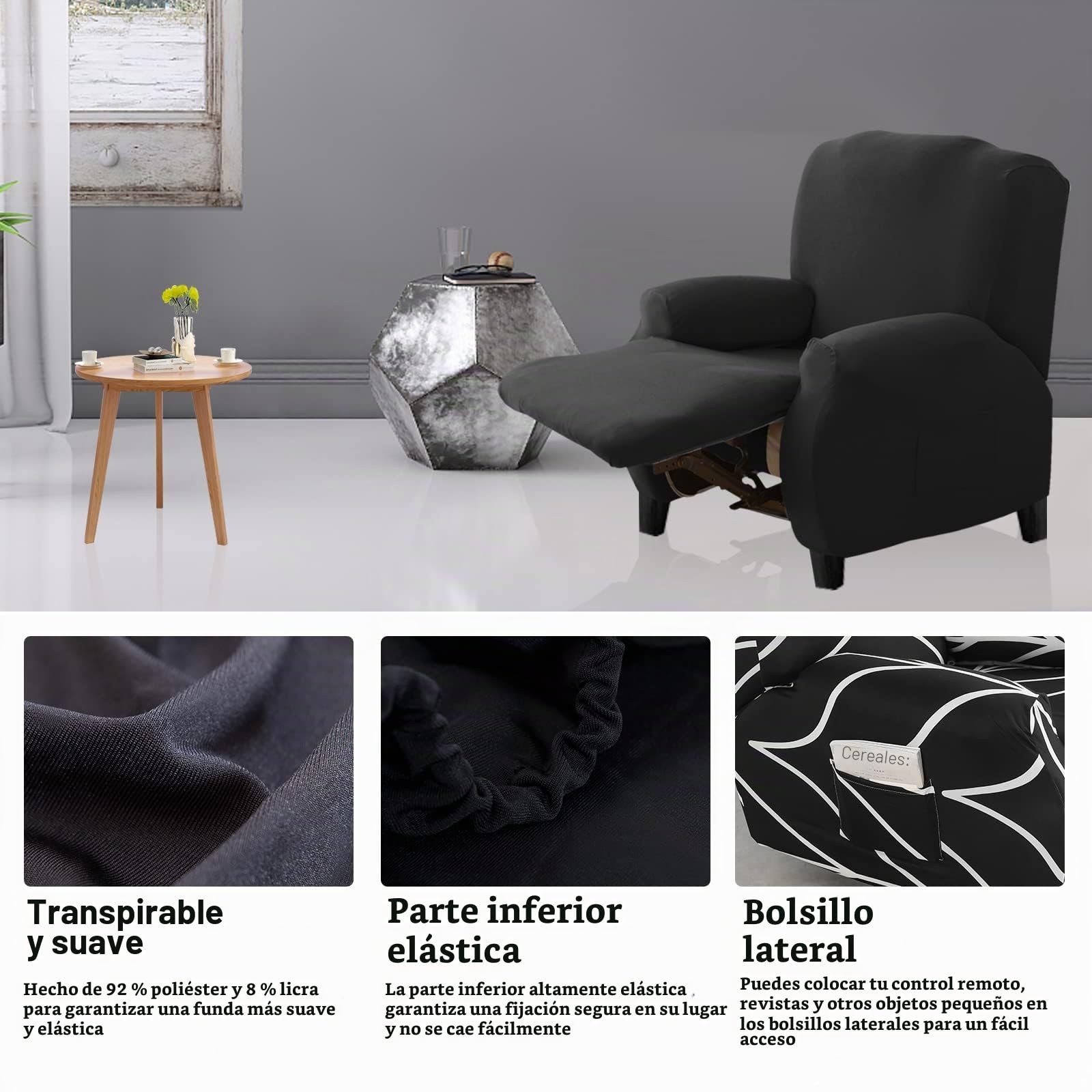 Lydevo Funda Expandible para Silla Reclinable - Protección Antideslizante Lavable con Bolsillos Laterales - Juego de 4, Negro