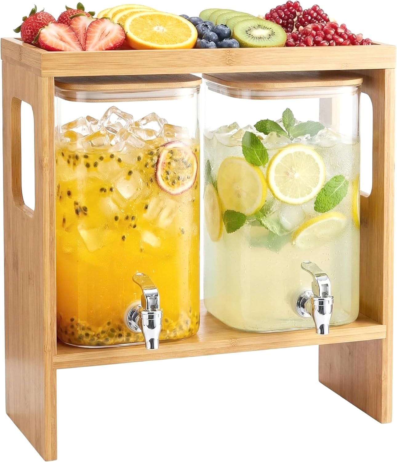 2 PCS 1.2 Gallon Drink Dispenser, Glass Beverage Dispenser with Wood Stand and Detachable Food Platter, Party Drink Dispensers for Lemonade, Juice, Tea, Ice Coffee