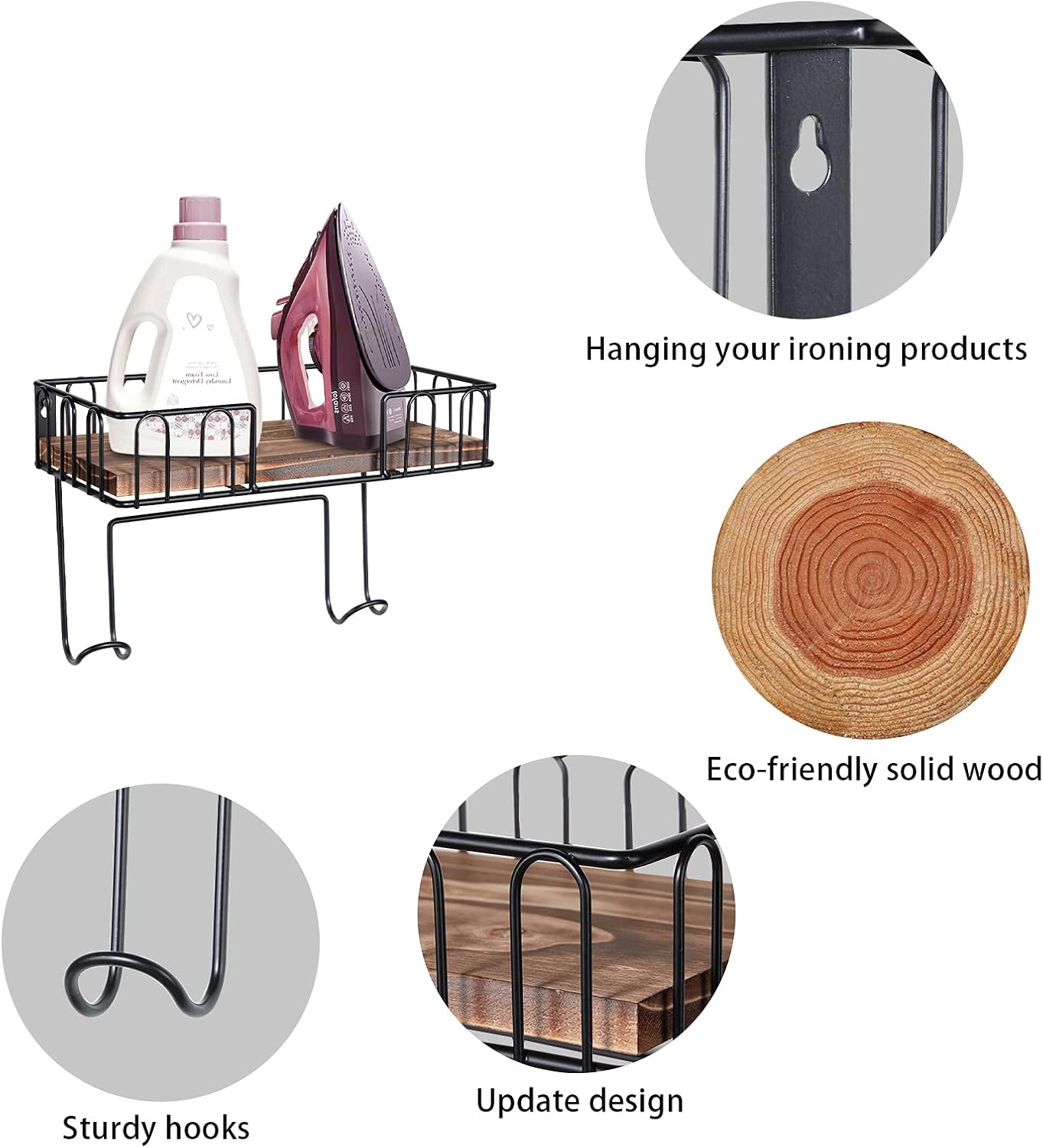 Ironing Board Hanger Wall Mount, Ironing Iron Board Wall Mount with Shelf, Metal Iron Holder Wall Mount with Large Storage Wooden Base Basket for T and Y Leg, Iron Board Hanger for Laundry Room… : Home & Kitchen