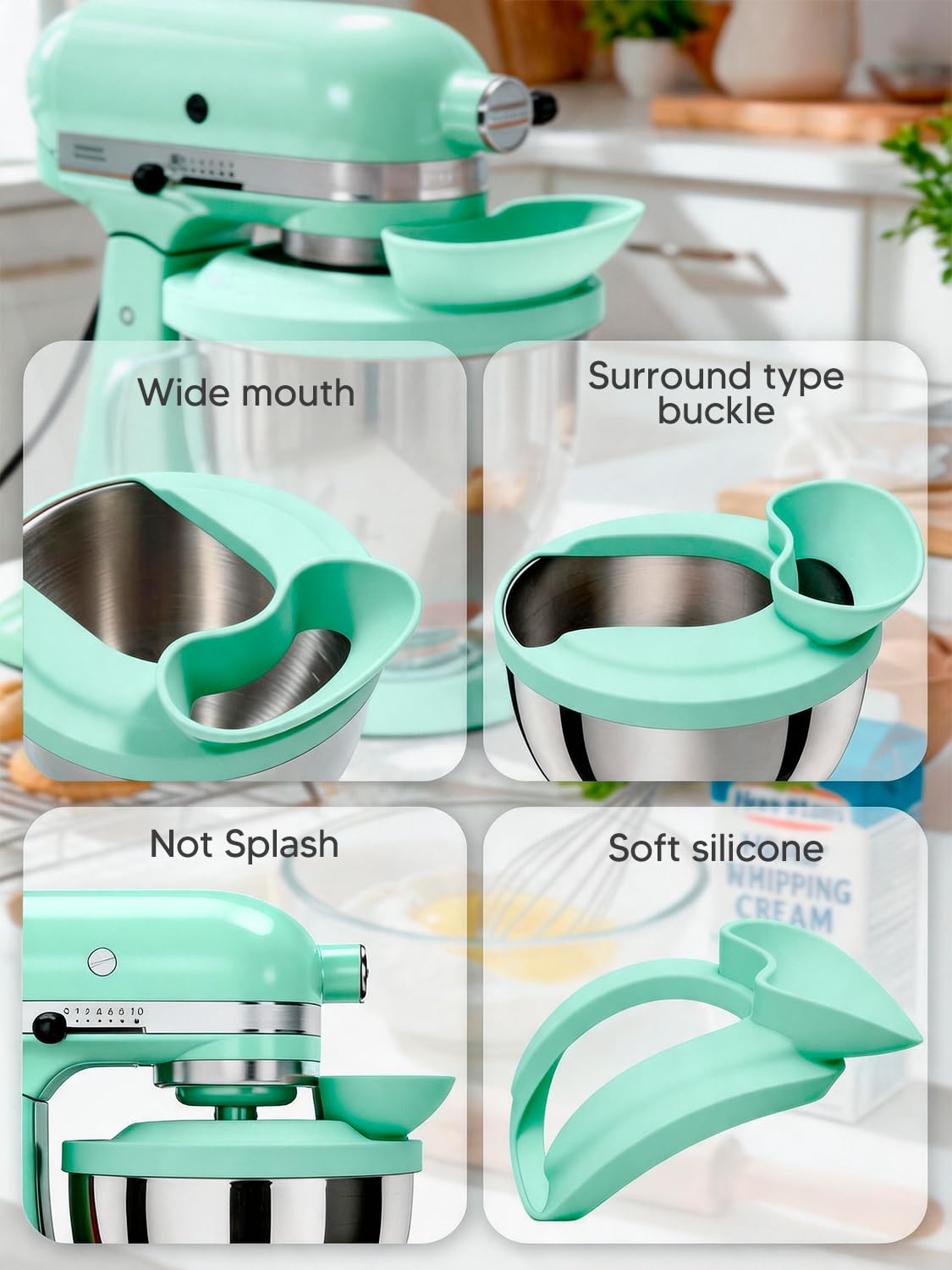 Silicone Kitchen Aid Splash Guard for 4.5-5QT Mixer, Mineral Water Blue | Adapted for Stand Mixer & Tilt Head Mixer, Mixing Bowl Pouring Shield & Flour Funnel, Kitchen Aid Accessories and Attachments