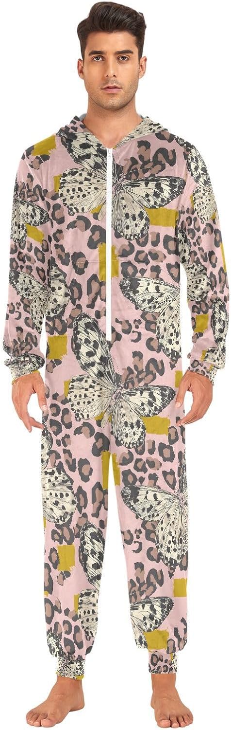 ALAZA Butterfly Leopard Cheetah Adult Onesie Pajamas Novelty One Piece Costume Sleepwear Jumpsuits Matching PJS