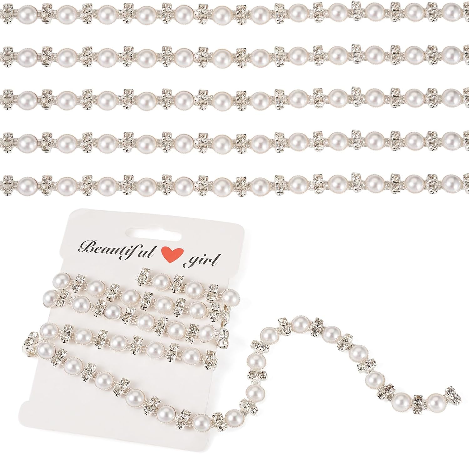 Elecrelive 1 Yard Rhinestone Trim Chains Imitation Pearl Beaded Close Chain Diamonds Rhinestone Pearl Trim 9x5.5mm for Sewing Craft Applique Clothing Wedding Decoration