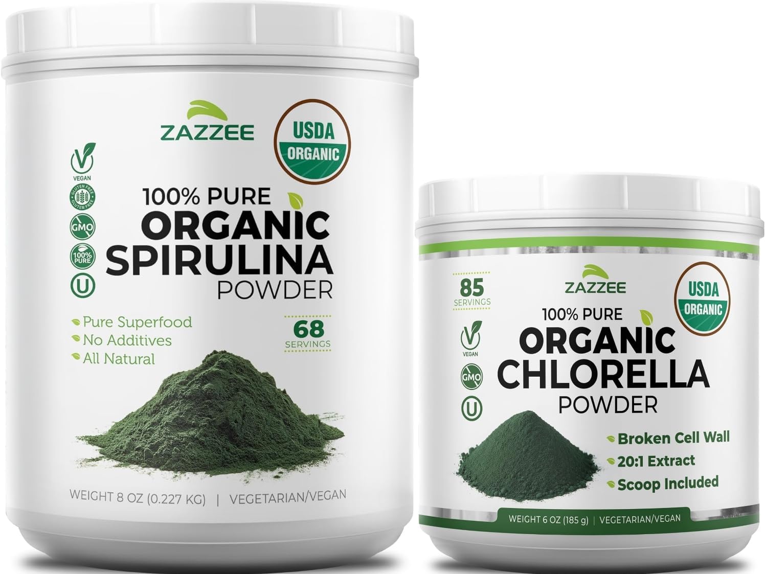 Zazzee USDA Organic Spirulina and Chlorella Powder | Organic Greens Superfood Bundle with Broken Cell Wall Chlorella (6oz) Plus Raw Spirulina Algae (8oz) | Non-GMO Vegan & ISO...