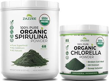 Zazzee USDA Organic Spirulina and Chlorella Powder | Organic Greens Superfood Bundle with Broken Cell Wall Chlorella 6oz Plus Raw Spirulina Algae 8oz | Non-GMO Vegan & ISO Lab Tested