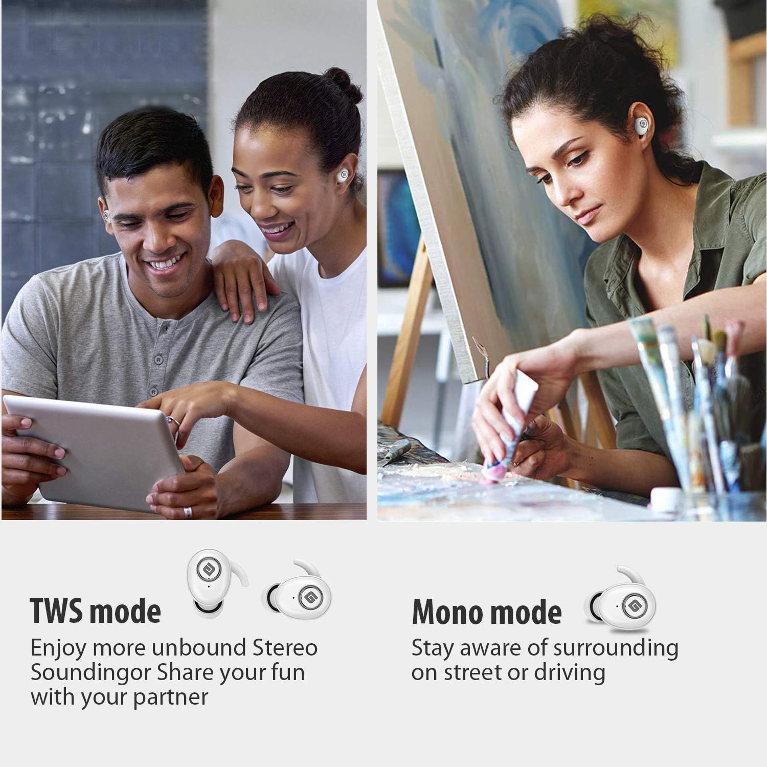 Illustration of TWS and Mono listening modes for earbuds