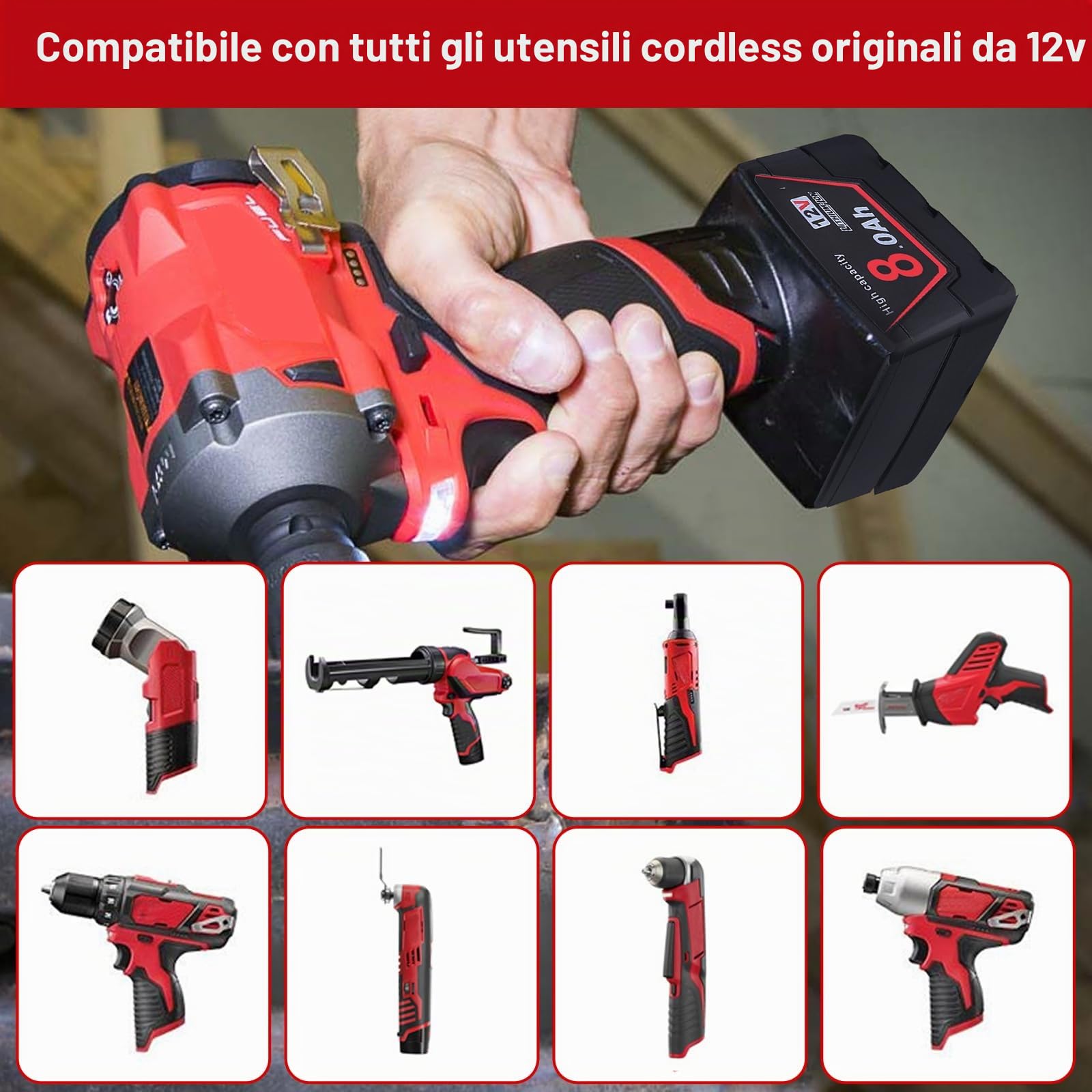 Powarobor 2x M12 12V 8.0Ah Batteria Compatibile Con Milwaukee 12V Utensili | 8000mAh,con indicatore LED,Batteria di ricambio per Milwaukee XC 48-11-2402, 48-11-2420, 48-11-2460