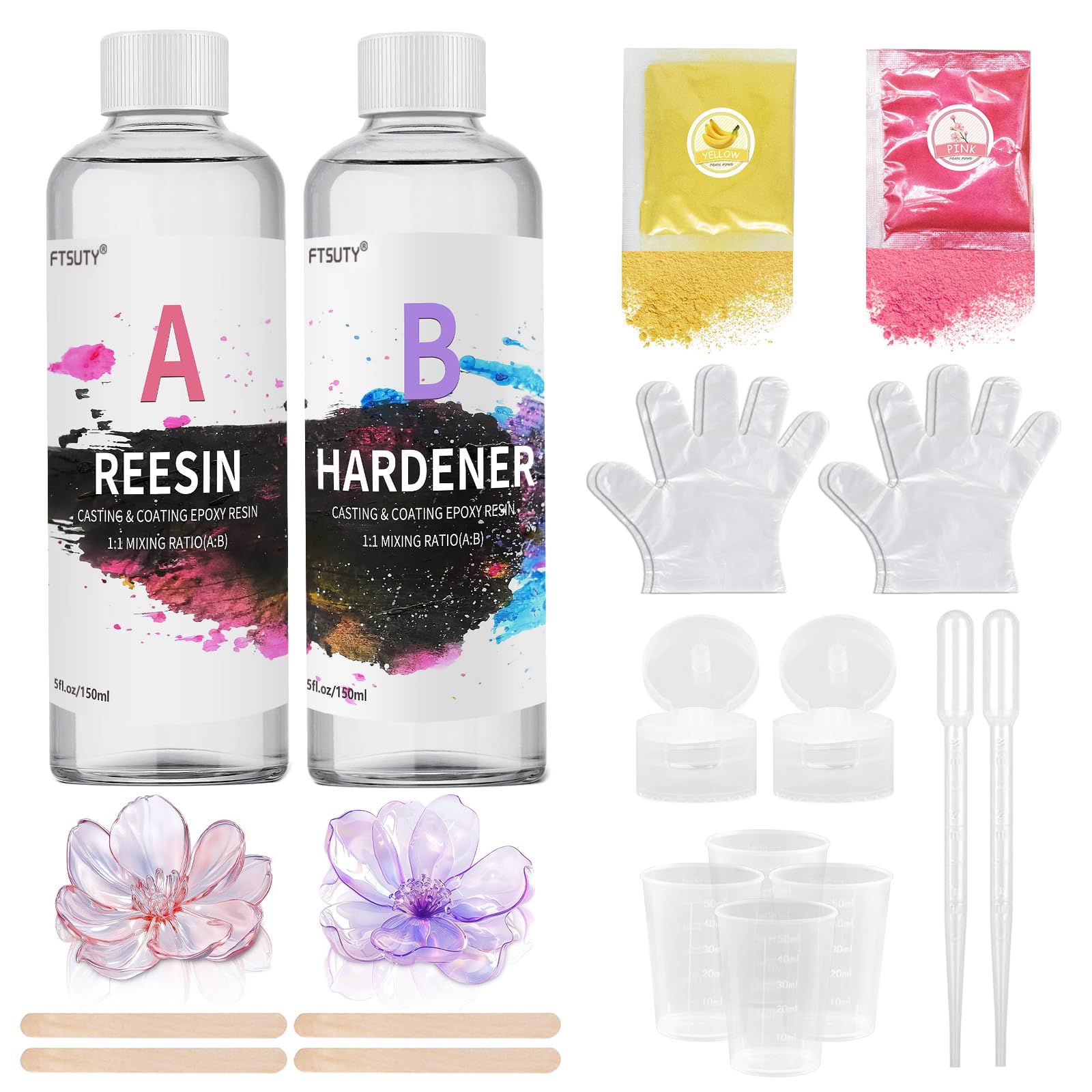 Epoxy Resin Kit - 300ml /10oz Crystal Clear Epoxy Resin for Casting - 1:1 Ratio Crystal Clear Resin Coating with Sticks, Graduated Cups and Gloves for Jewelry Making