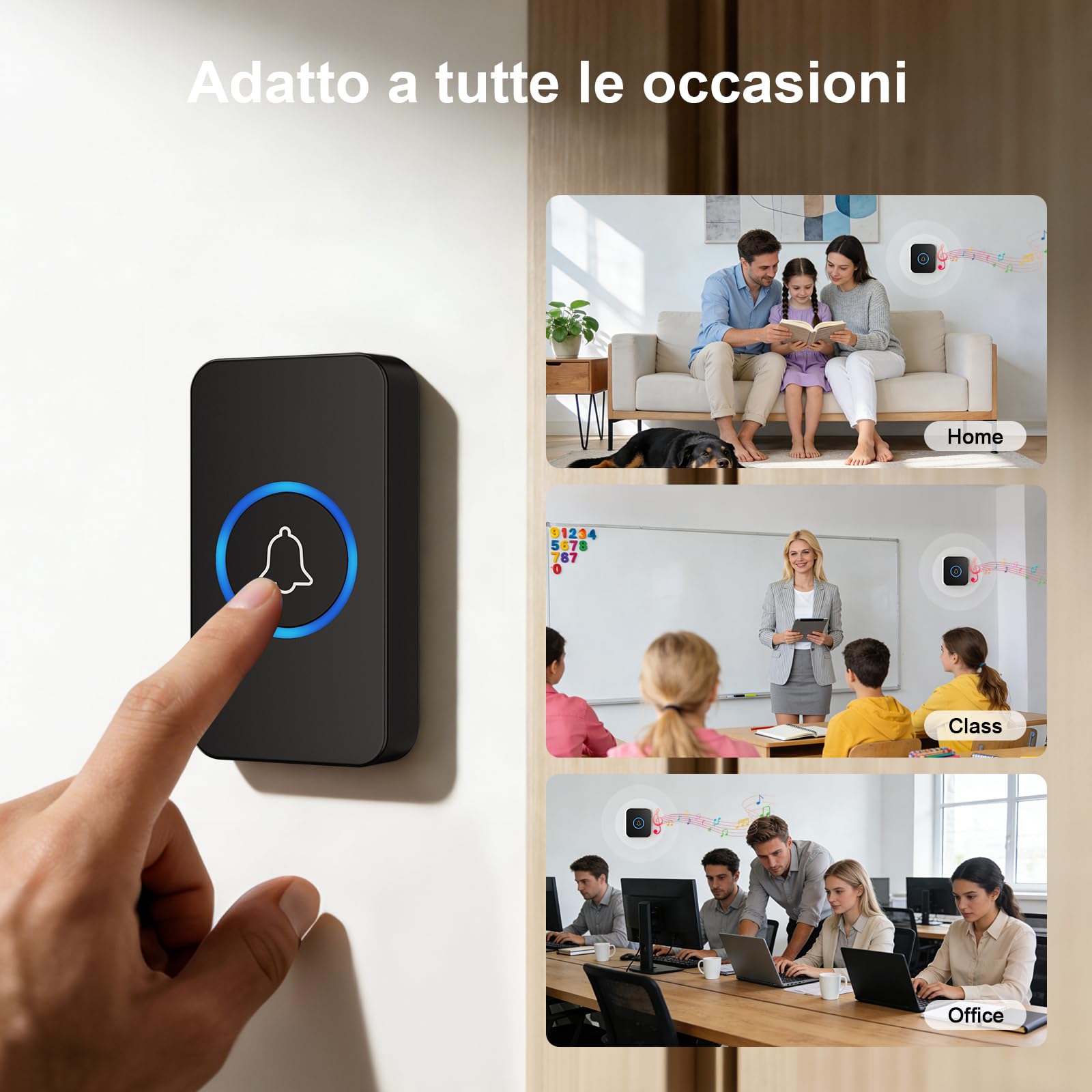 Campanello Senza Fili, Portata Wireless Doorbell, 36 Suonerie, 5 Volumi Selezionabili, Indicatori LED, IP55, 400m Lunga Portata per Casa, Appartamento (1 Trasmettitore + 1 Ricevitori)
