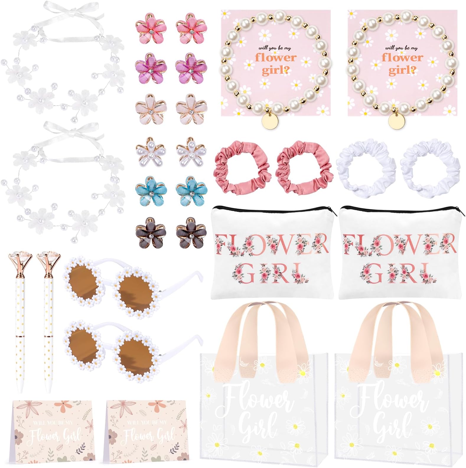 30Pcs Flower Girl Proposal Gift Set, Will You Be My Flower Girl Gift Including Bags Sunglasses Makeup Bag Headband Bracelet Diamond Pen Hair Accessories Card for Wedding Engagement Bridal Shower Party