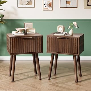 VINGLI Night Stand Set 2, Fluted Nightstands with Drawer, Mid Century Modern Nightstands Set of 2, Bedside Table, End Table, Wood Nightstand for Bedroom, Walnut, 15.75" W*11.81" D*21.85" H