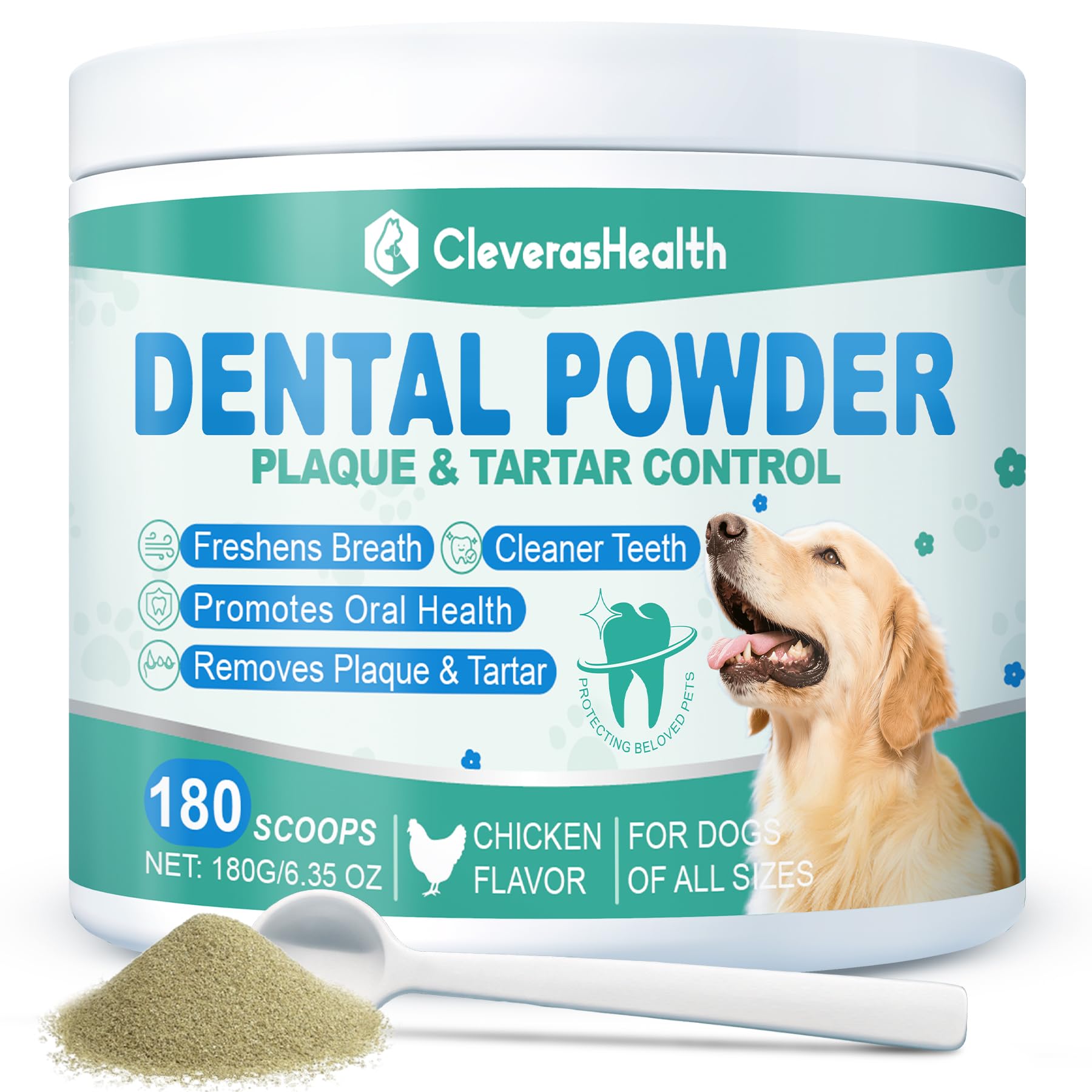CleverasHealth Dog Dental Powder for Teeth Cleaning & Fresh Breath - Reduce Pet Plaque & Tartar Remover Made Easy Supply for All Breeds Chicken Flavor