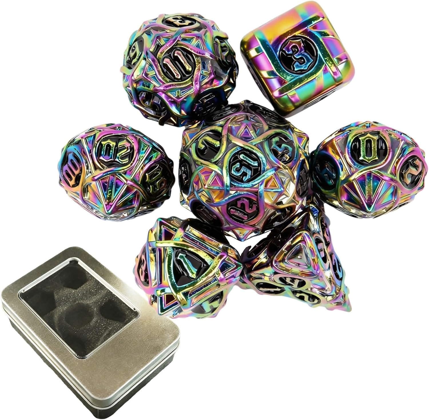 7pcs Colorful Stripe Metal Dice, Solid Metal Polyhedral, Compatible with Role-Playing RPG Board Game Card Game