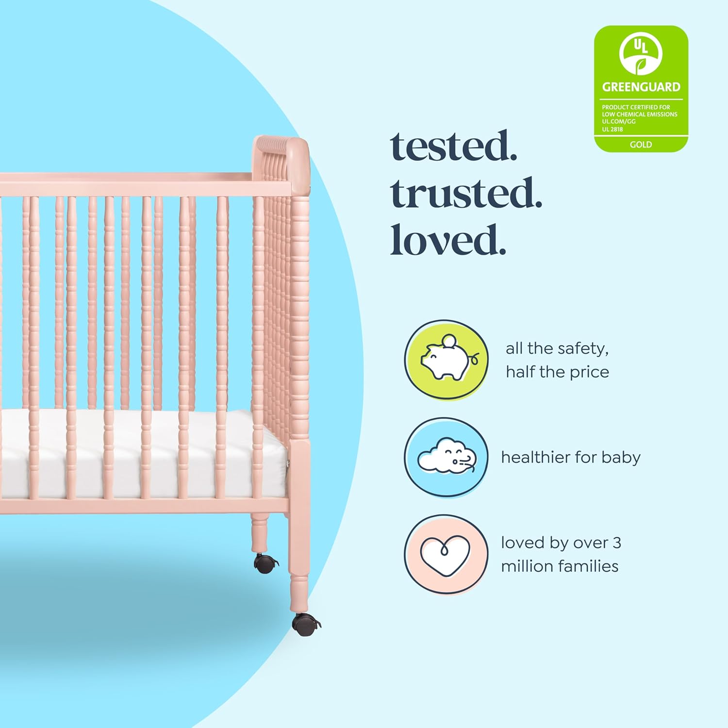 Davinci Jenny Lind 3-in-1 Convertible Crib in Blush Pink, Removable Wheels, Greenguard Gold