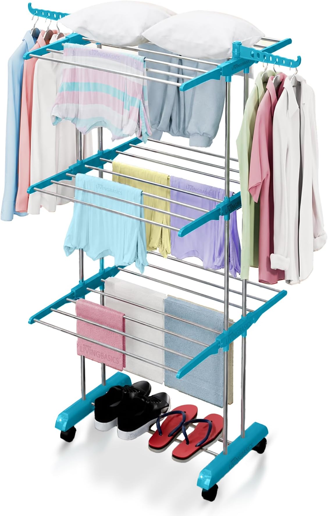 LIVINGBASICS 3 Tier Premium Heavy Duty Stainless Steel Foldable Cloth Drying Stand/Clothes Stand for Drying/Cloth Stand/Clothes Dryer/Laundry Racks for Drying - Indoor/Balcony (Cyan Blue)