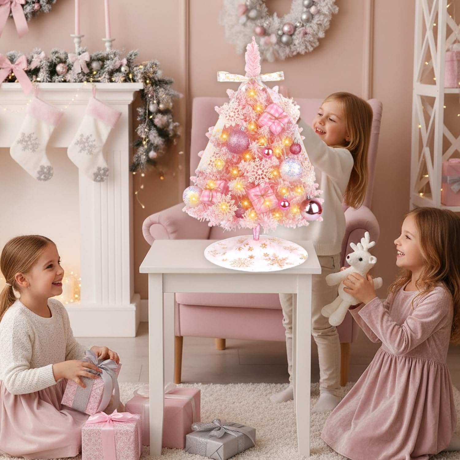 Mini Pink Christmas Tree with Lights, 2ft/24 Inch Artificial Small Table Top Christmas Tree Decor with Bow Ribbon Decor, Hanging Ornaments, Tree Skirt, 21 Pcs Pink Mini DIY Kids Xmas Trees