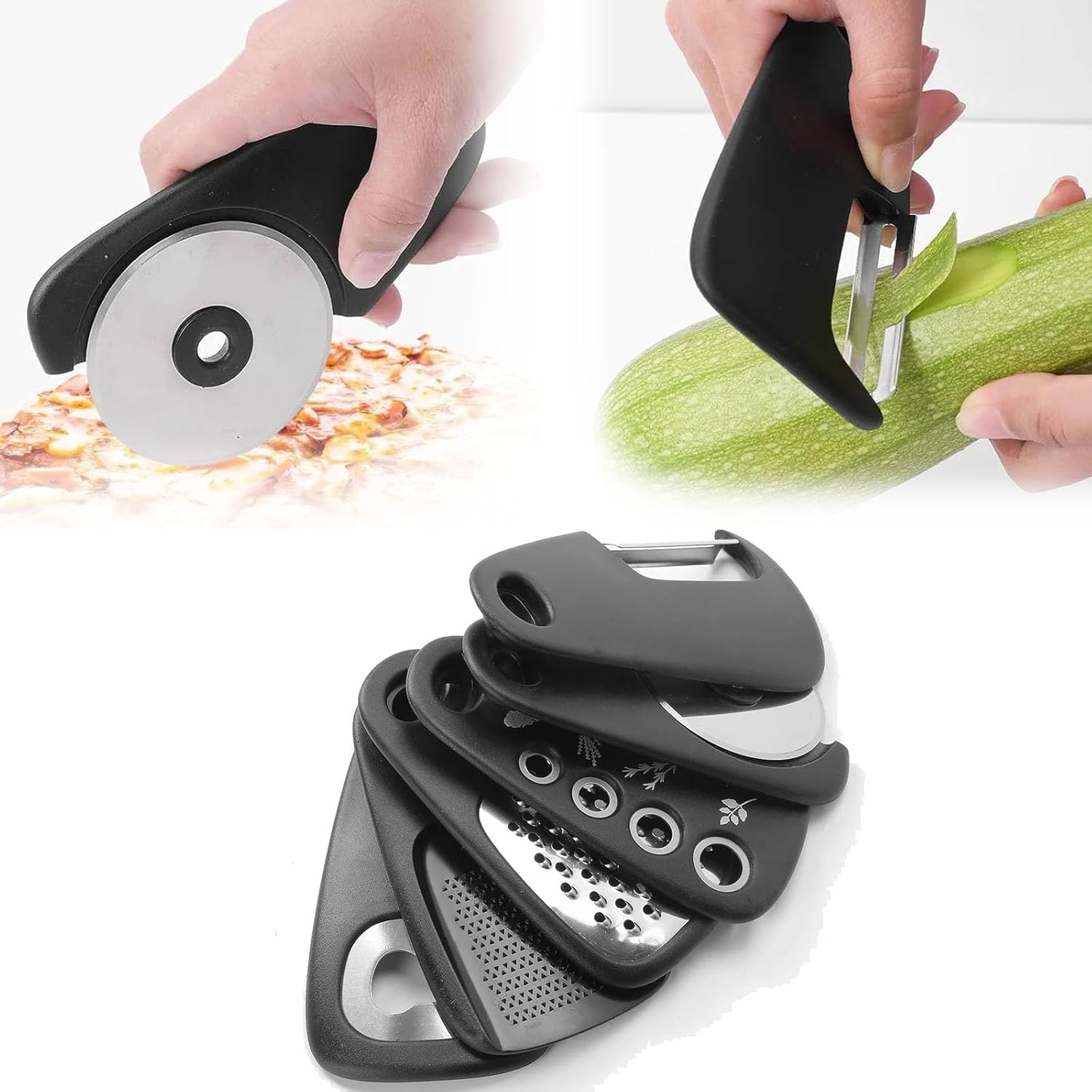 6 pcs Stainless Steel bladed Kitchen Gadget set, Including Grater, Pizza Slicer, Can Opener, Peeler, Cheese Shaver, Herb Stripper, Fruit Vegetable Peeler, Cooking Tools Accessories, Chef Gadget