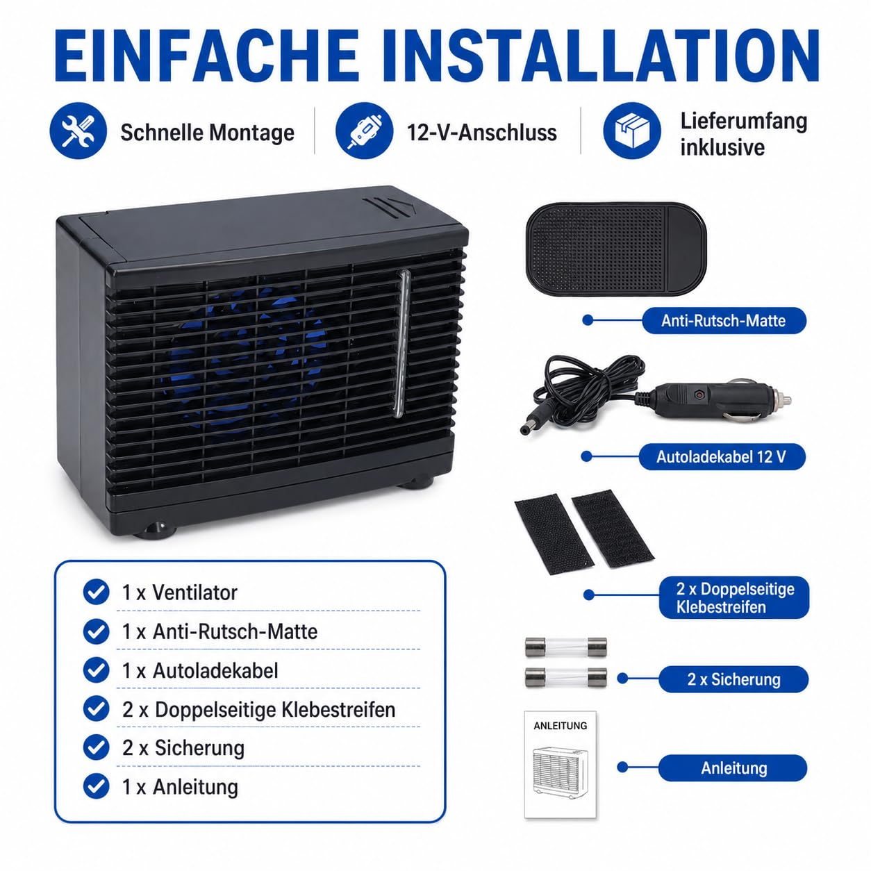 Mini ventilatore dell'aria condizionata Raffreddatore evaporativo portatile silenzioso con serbatoio dell'acqua per casa auto 12V Soluzione di raffreddamento compatta in ABS nero