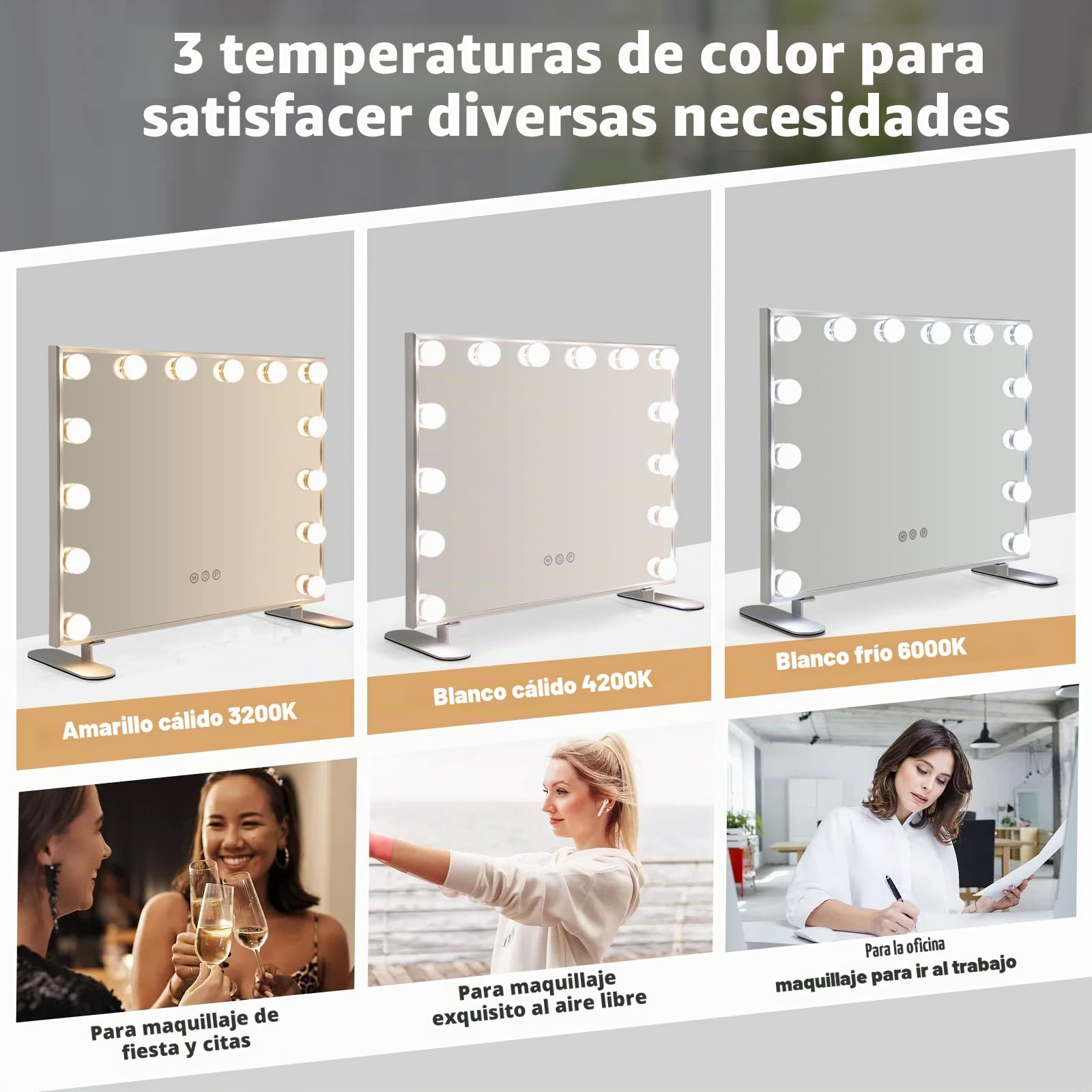GOPLUS Espejo de Maquillaje Con 14 Luces LED, Hollywood 3 Colores de Luz, 2 en 1 de Pared Con Soporte de Metal, Cosmético Con Táctil Inteligente, 50 x 18 x 43 cm