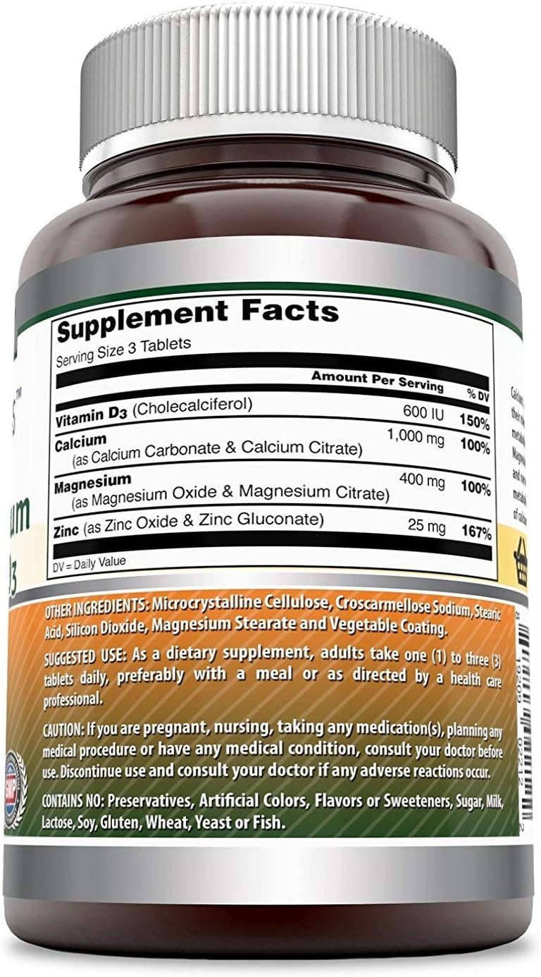 Amazing Formulas Calcium Magnesium Zinc D3 | 500 Tablets Supplement | Calcium 1000mg, Magnesium 400mg, Zinc 25mg, Vitamin D3 600 IU | Non-GMO | Gluten Free | Made in USA