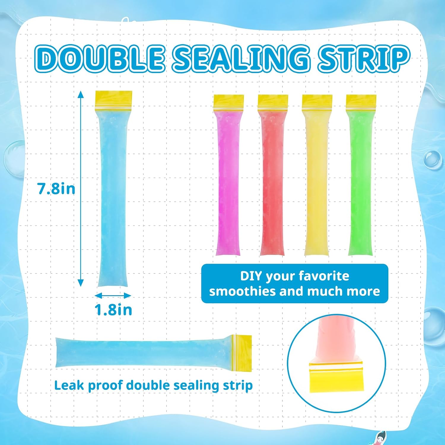 200 Pack Disposable Ice Pop Bags with Double Seal, 8x2" Leak-Proof Freezer Pops Mold Bags, Heavy Duty Self-Sealing Plastic Sleeves for Homemade Bolis Popsicles Smoothies
